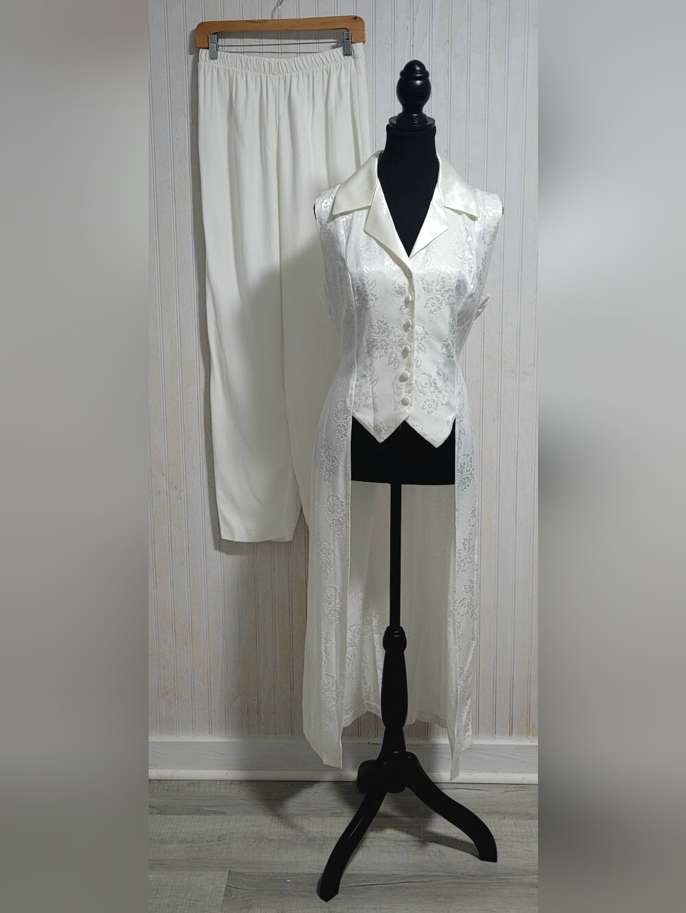 NWT Vintage Amanda Lane White Jacquard Duster Vest Pants Set Size 10